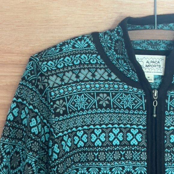 Alpaca Imports Aymara zip up cardigan knit sweater M alpaca wool Peru teal black - Picture 3 of 7